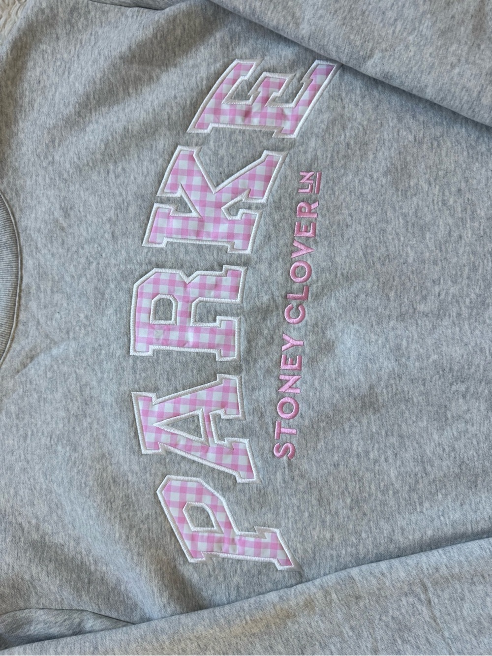 Parke Grey Crewneck Sweater with Pink Gingham PARKE Logo - Picture 2 of 4